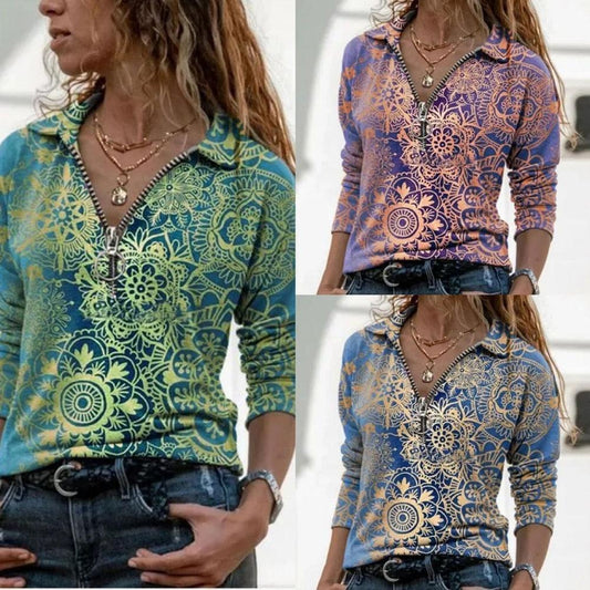 Casual Printed Lapel Long Sleeve Slim Turn Collar Woman T-shirts - Fabric of Cultures