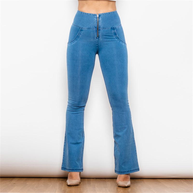 Flared Pants Women's Hip Lift Light Blue High Waist Jeans - Fabric of Cultures