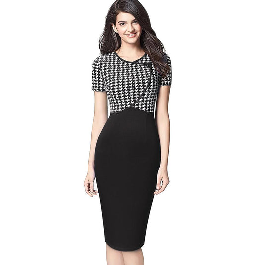 Houndstooth Stitching Commuter Slim Bag Hip Pencil Skirt - Fabric of Cultures
