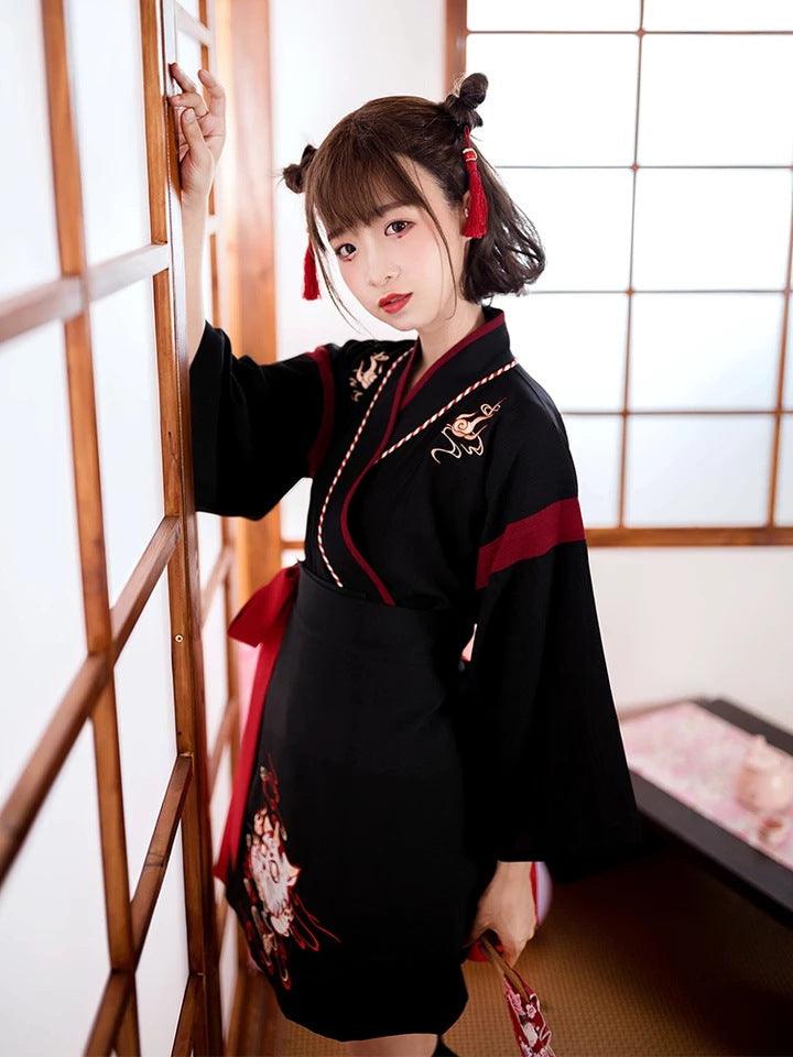 Japanese Cat Embroidery Skirt and Yukata Haori Set - Fabric of Cultures