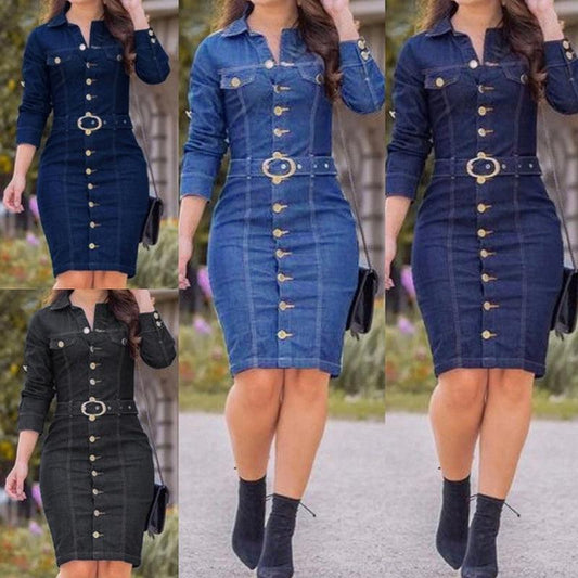 Long Sleeve Chic Denim Dress - Fabric of Cultures