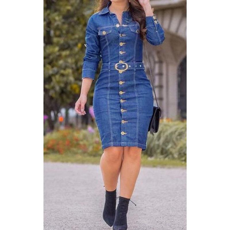 Long Sleeve Chic Denim Dress - Fabric of Cultures