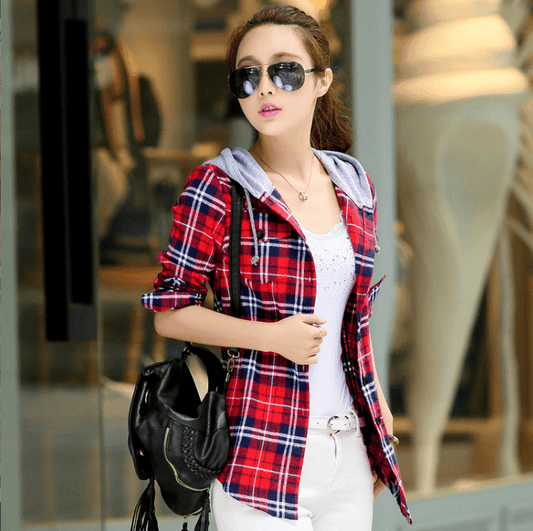 Long-sleeved Plaid Hooded Shirt - Fabric of Cultures