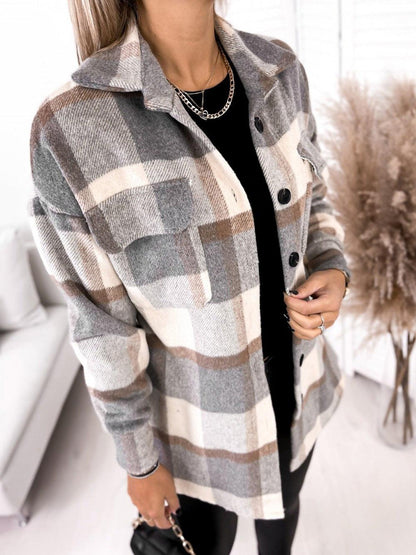 Long-sleeved Single-breasted Plaid Print Collar Woolen Jacket - Fabric of Cultures