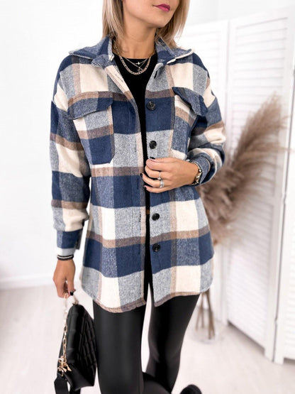 Long-sleeved Single-breasted Plaid Print Collar Woolen Jacket - Fabric of Cultures