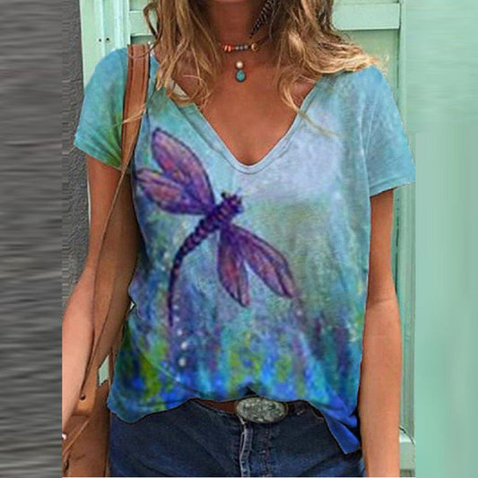 Tie-dye Printed T-shirt Women's V-neck Short-Sleeved T-shirt - Fabric of Cultures