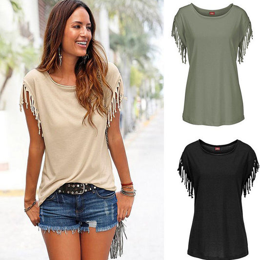 Wish quick sale eBay ladies Europe and America big size round neck short sleeve cuffs tassel T-shirt cotton tops - Fabric of Cultures