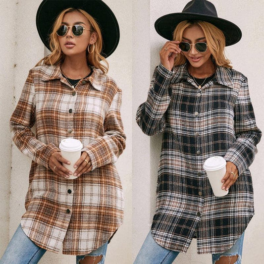 Women's Loose Casual Plush Plaid Shirt Jacket - Fabric of Cultures