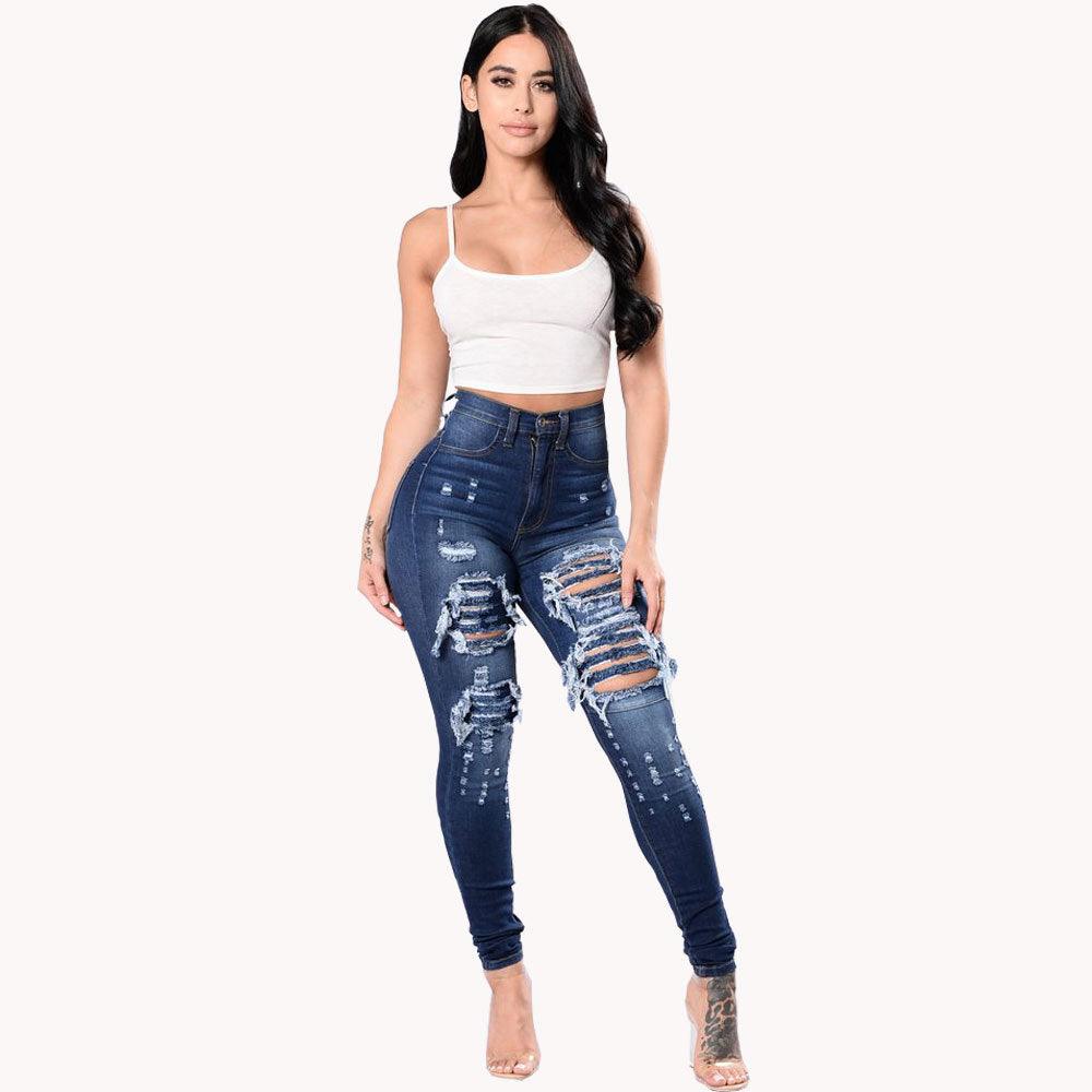 Women's Ripped and Washed Denim Pants - Fabric of Cultures
