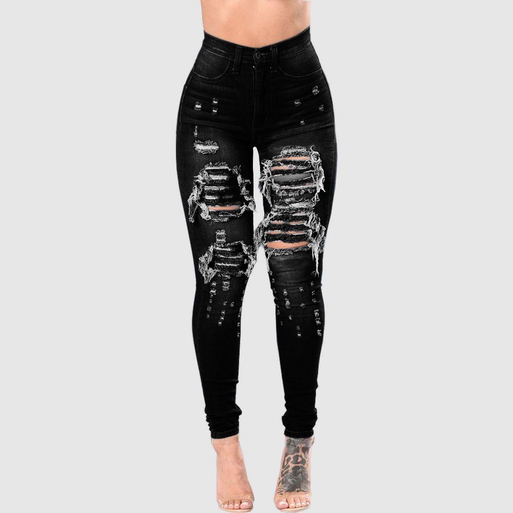 Women's Ripped and Washed Denim Pants - Fabric of Cultures