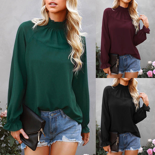 Women's Spring New Chiffon Top Solid Color Loose Pullover Long Sleeve T-shirt - Fabric of Cultures